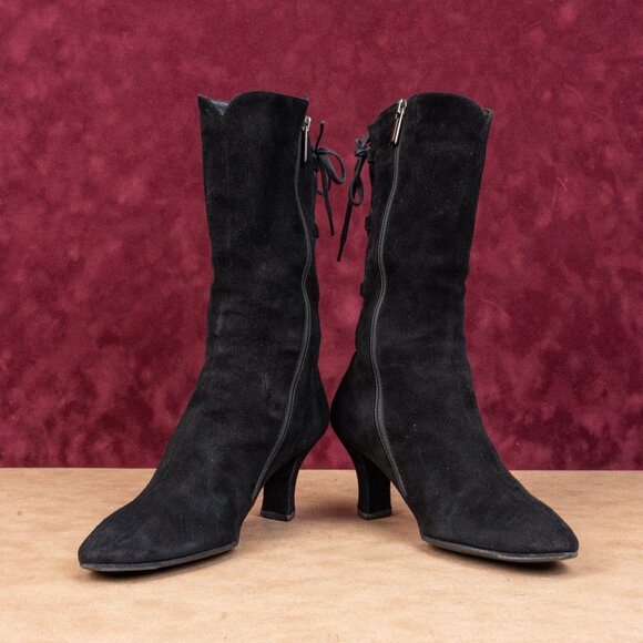 Thierry Raboutin Women Black Suede Back Lace Mid Calf Zip Boots sz 6.5US EUR37.5 - Picture 2 of 8